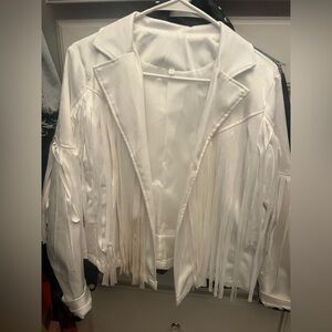 White suede fringe jacket.